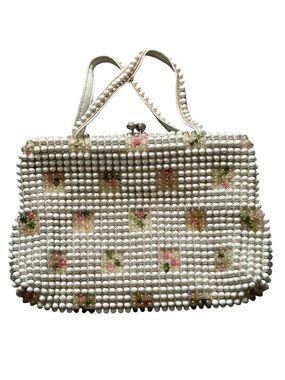 1940s 50s VTG Grandee Bead Bead Purse Pink Flowers Kiss Clasp